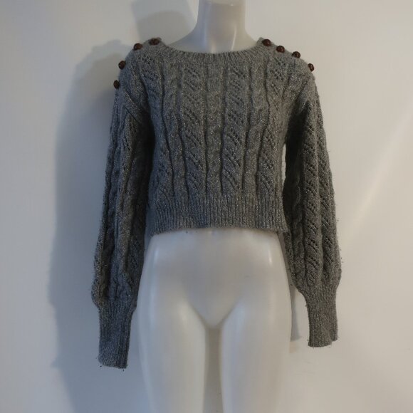 Womens LoveShackFancy Gray Metallic Chunky Knit Crop Pullover Sweater S - Picture 1 of 16